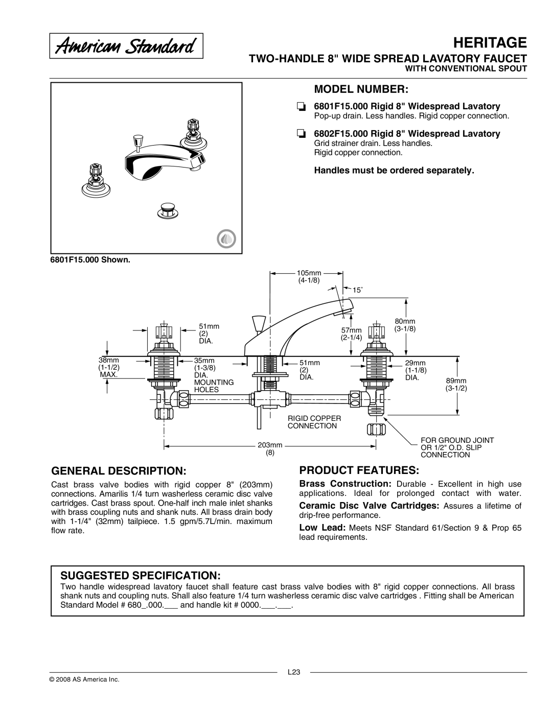American Standard 6801F15.000 manual TWO-HANDLE 8 Wide Spread Lavatory Faucet, Model Number, General Description 