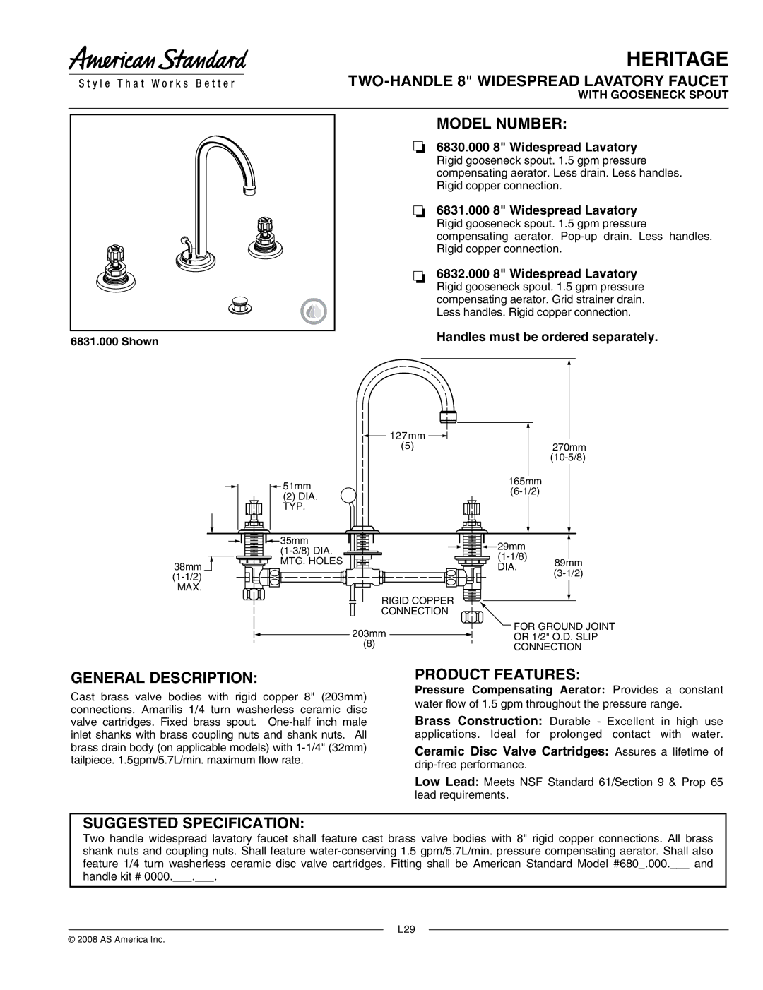 American Standard 6830.000, 6832.000 manual TWO-HANDLE 8 Widespread Lavatory Faucet, Model Number, General Description 