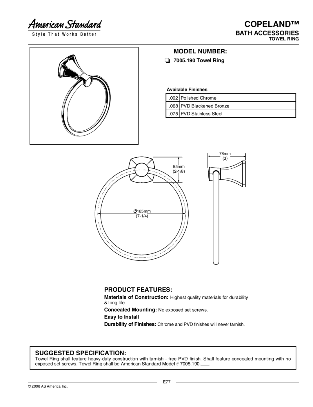 American Standard 7005.190 manual Copeland, Bath Accessories, Model Number, Product Features, Suggested Specification 