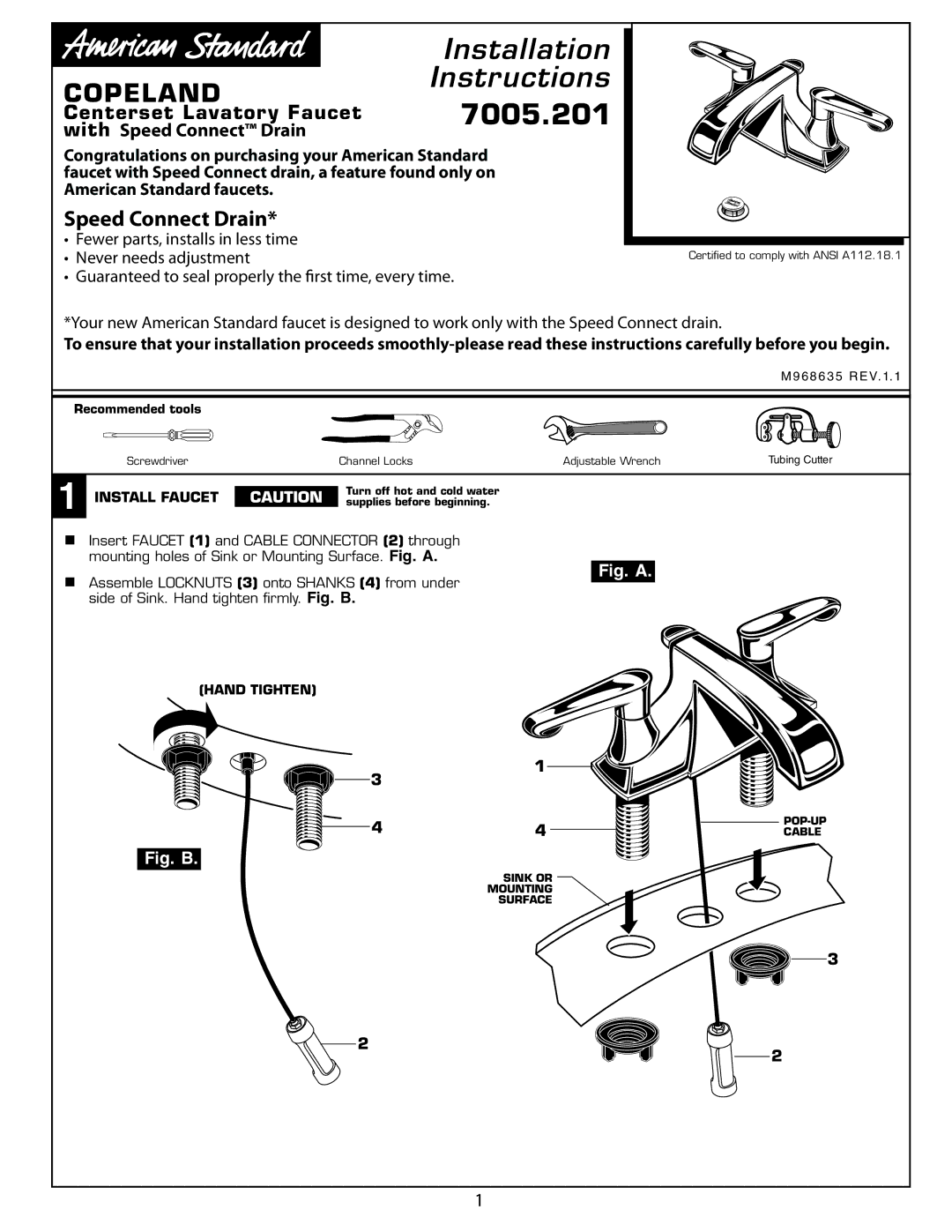 American Standard Centerset Lavatory Faucet, 7005.201 installation instructions With Speed Connect Drain, Install Faucet 