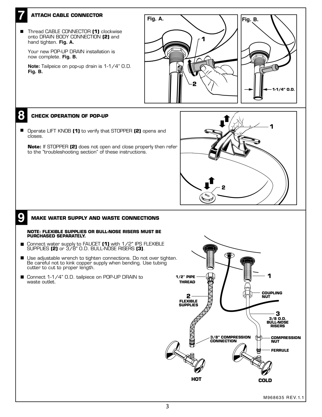 American Standard Centerset Lavatory Faucet, 7005.201 Attach Cable Connector, Check Operation of POP-UP, Hotcold 