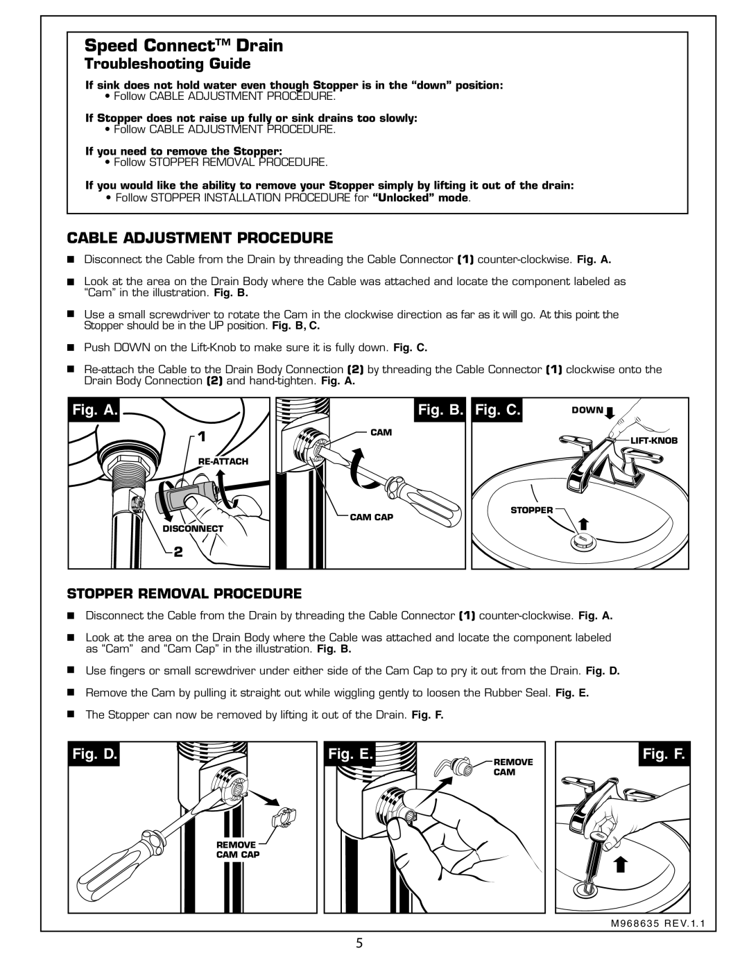 American Standard Centerset Lavatory Faucet, 7005.201 Troubleshooting Guide, Cable Adjustment Procedure 