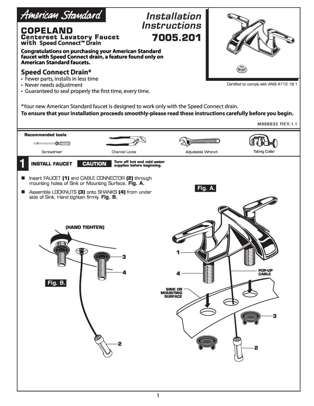 American Standard Centerset Lavatory Faucet installation instructions with Speed Connect Drain, Installation, 7005.201 
