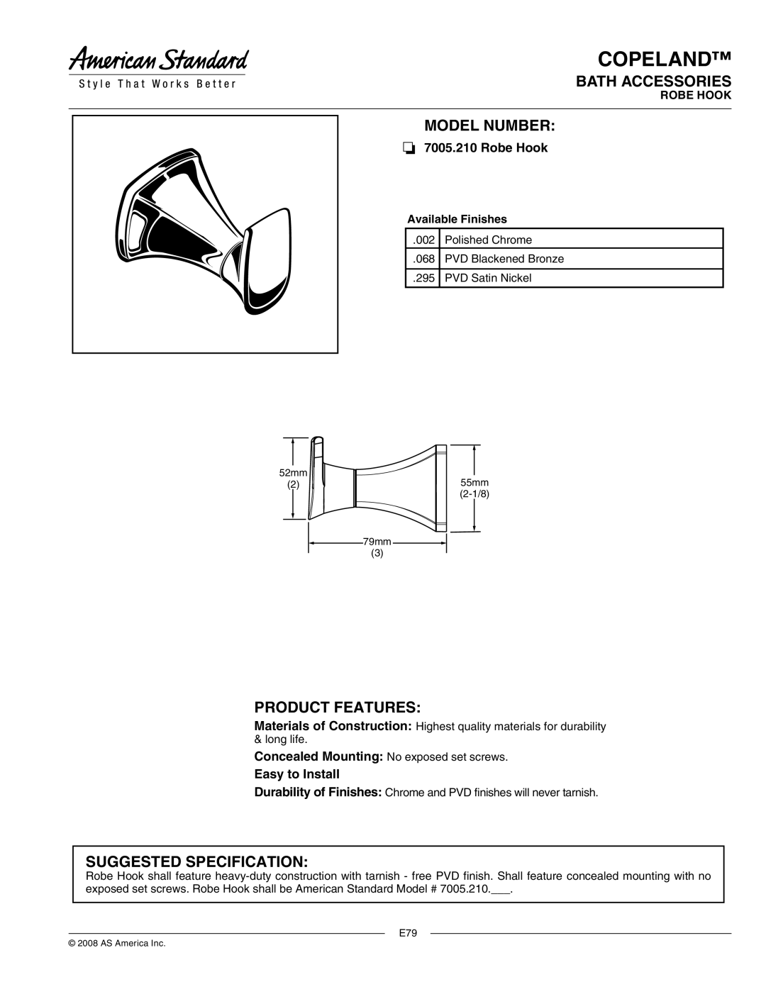 American Standard 7005.210 manual Copeland, Bath Accessories, Model Number, Product Features, Suggested Specification 