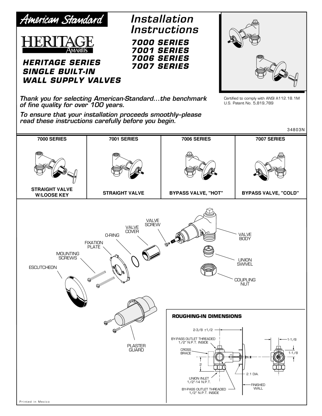 American Standard 7000, 7006 installation instructions Installation Instructions 