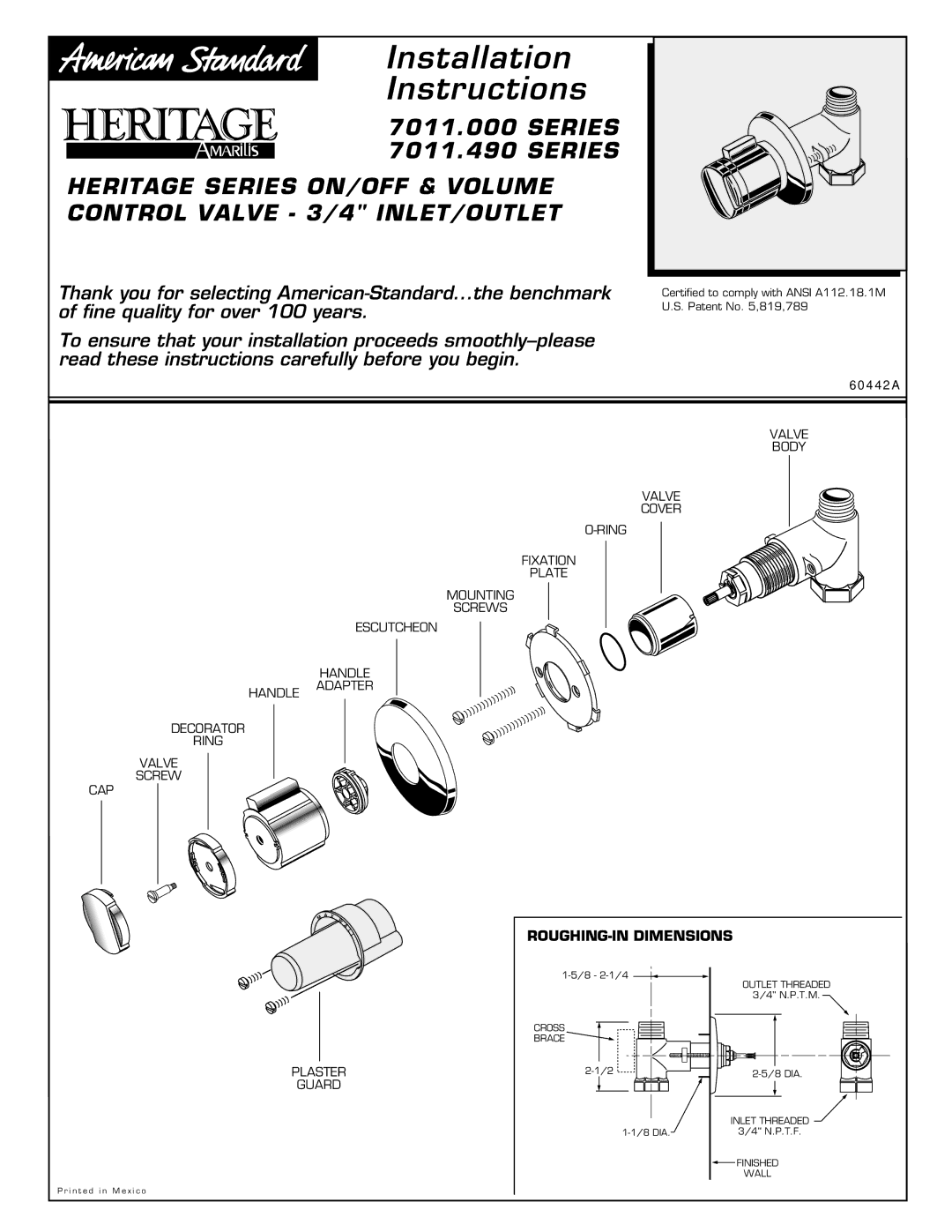 American Standard 7000, 7006 installation instructions Series 