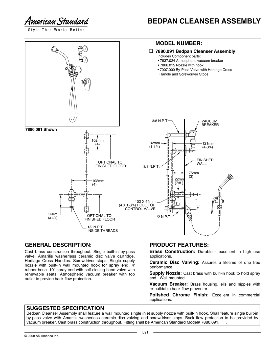 American Standard 7007.000 manual Bedpan Cleanser Assembly, Model Number, General Description, Product Features 