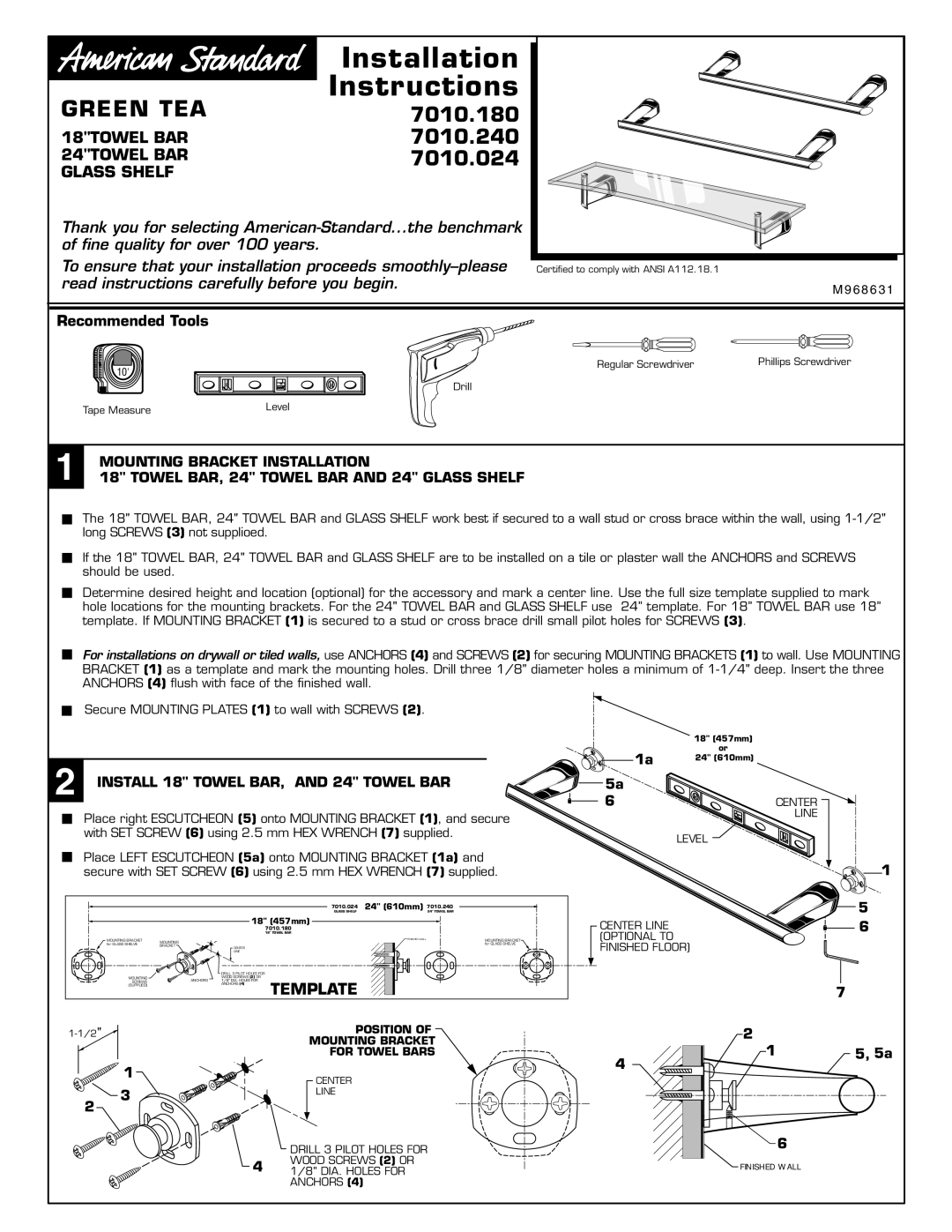 American Standard 7010.180, 7010.024, 7010.240 installation instructions 18TOWEL BAR, 24TOWEL BAR, Glass Shelf 