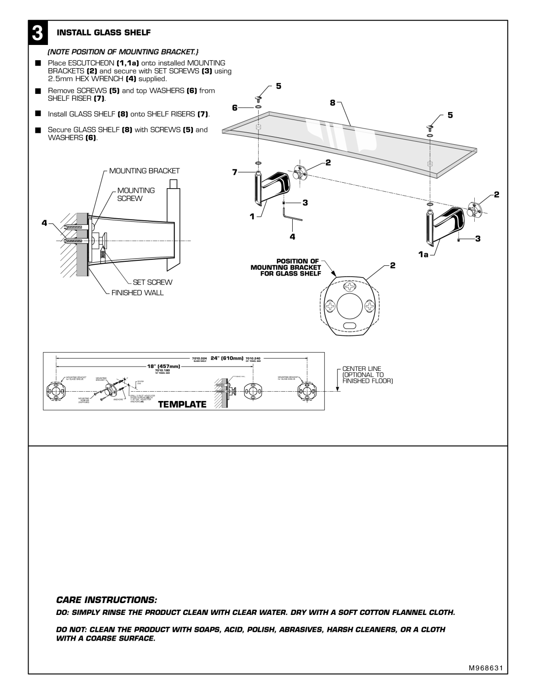 American Standard 7010.240, 7010.024 Care Instructions, Install Glass Shelf, Position Mounting Bracket For Glass Shelf 