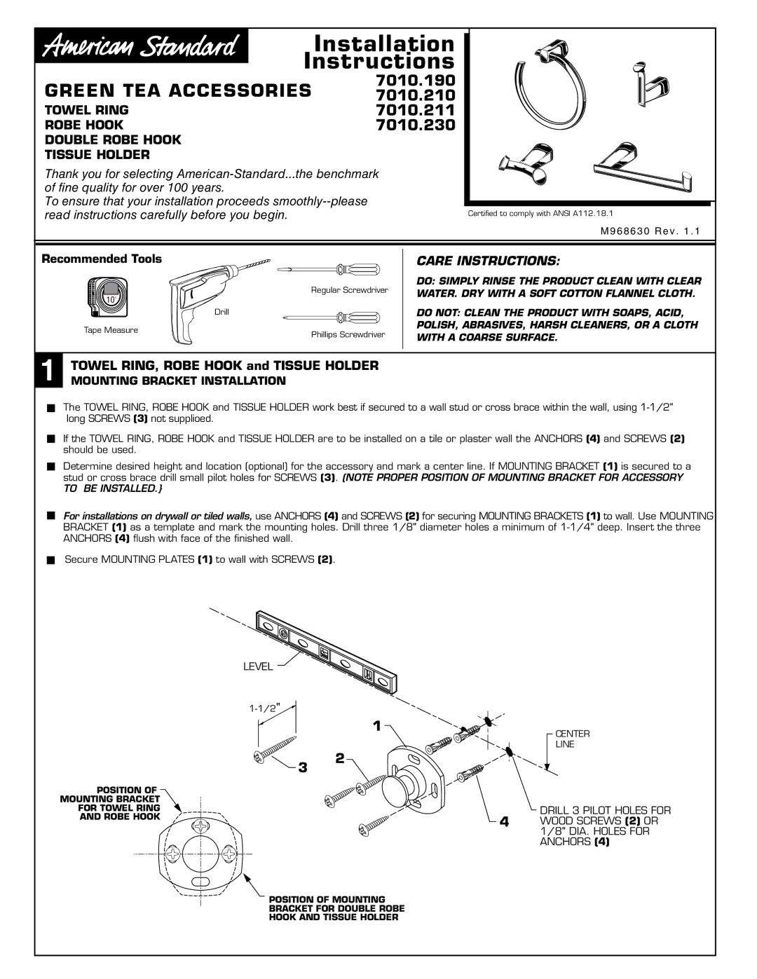 American Standard 7010.23, 7010.211, 7010.19 installation instructions Installation Instructions, Green TEA Accessories 