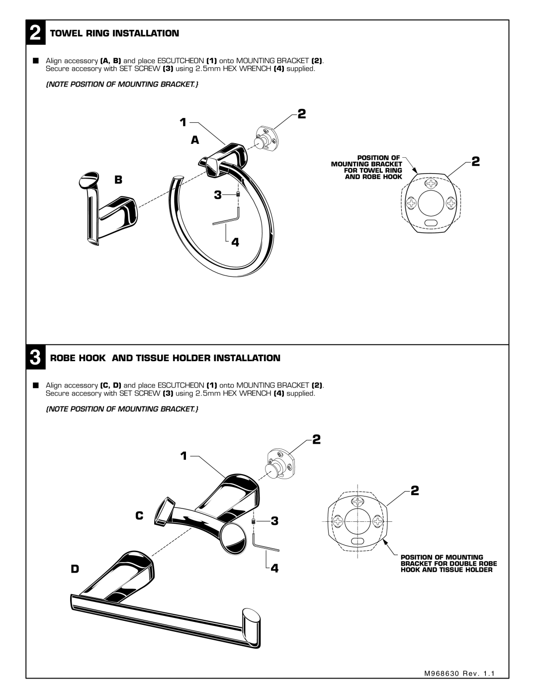 American Standard 7010.211, 7010.23, 7010.19 Towel Ring Installation, Robe Hook and Tissue Holder Installation 