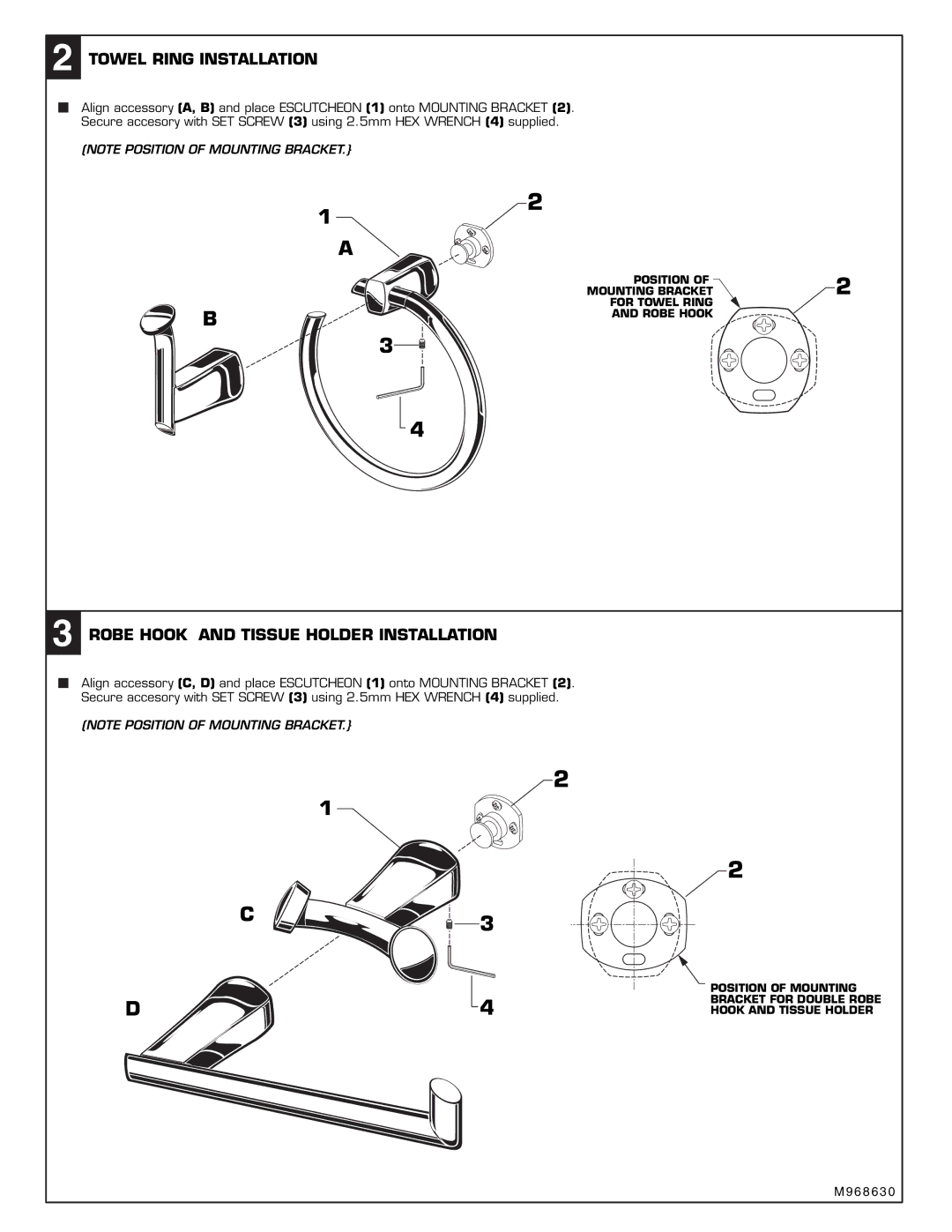 American Standard 7010.210, 7010.230, 7010.211, 7010.190 Towel Ring Installation, Robe Hook and Tissue Holder Installation 