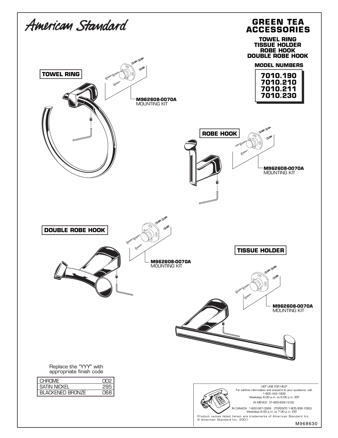 American Standard 7010.190, 7010.230, 7010.211, 7010.210 Green TEA, Accessories, Double Robe Hook Tissue Holder 