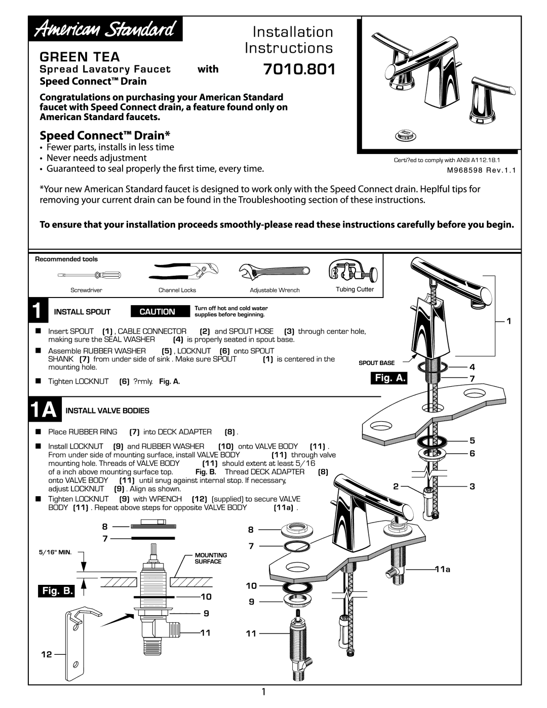 American Standard 7010.801 manual 