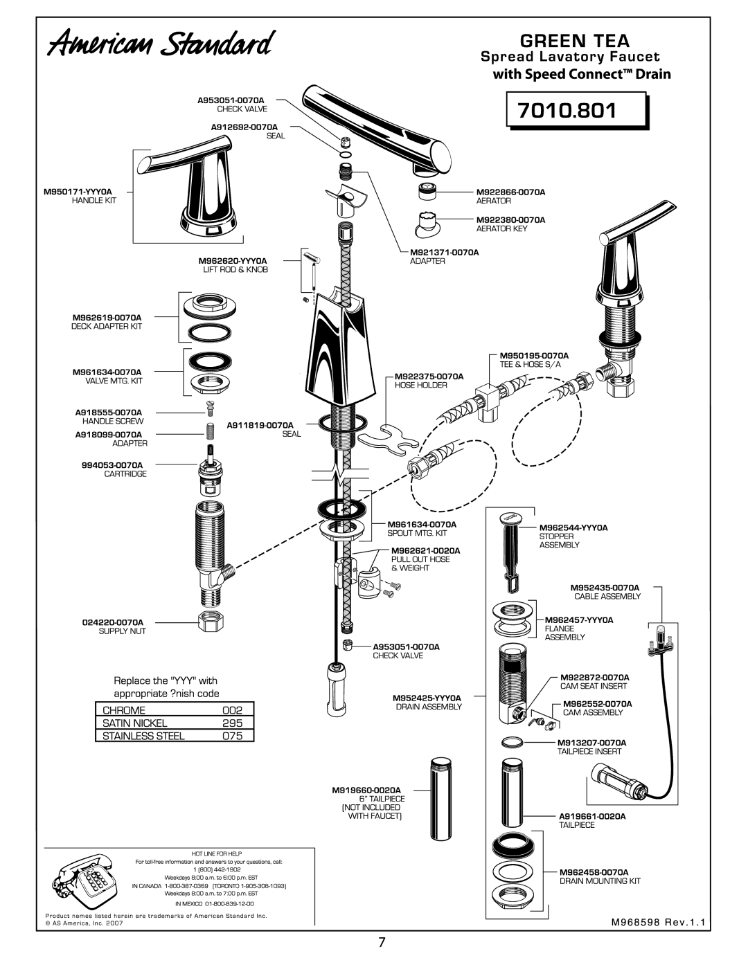 American Standard 7010.801 manual 