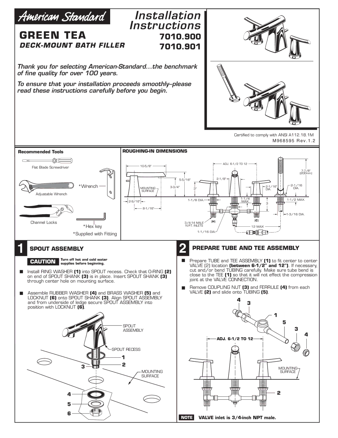 American Standard 7010.901, 7010.900 installation instructions Spout Assembly, Prepare Tube and TEE Assembly 