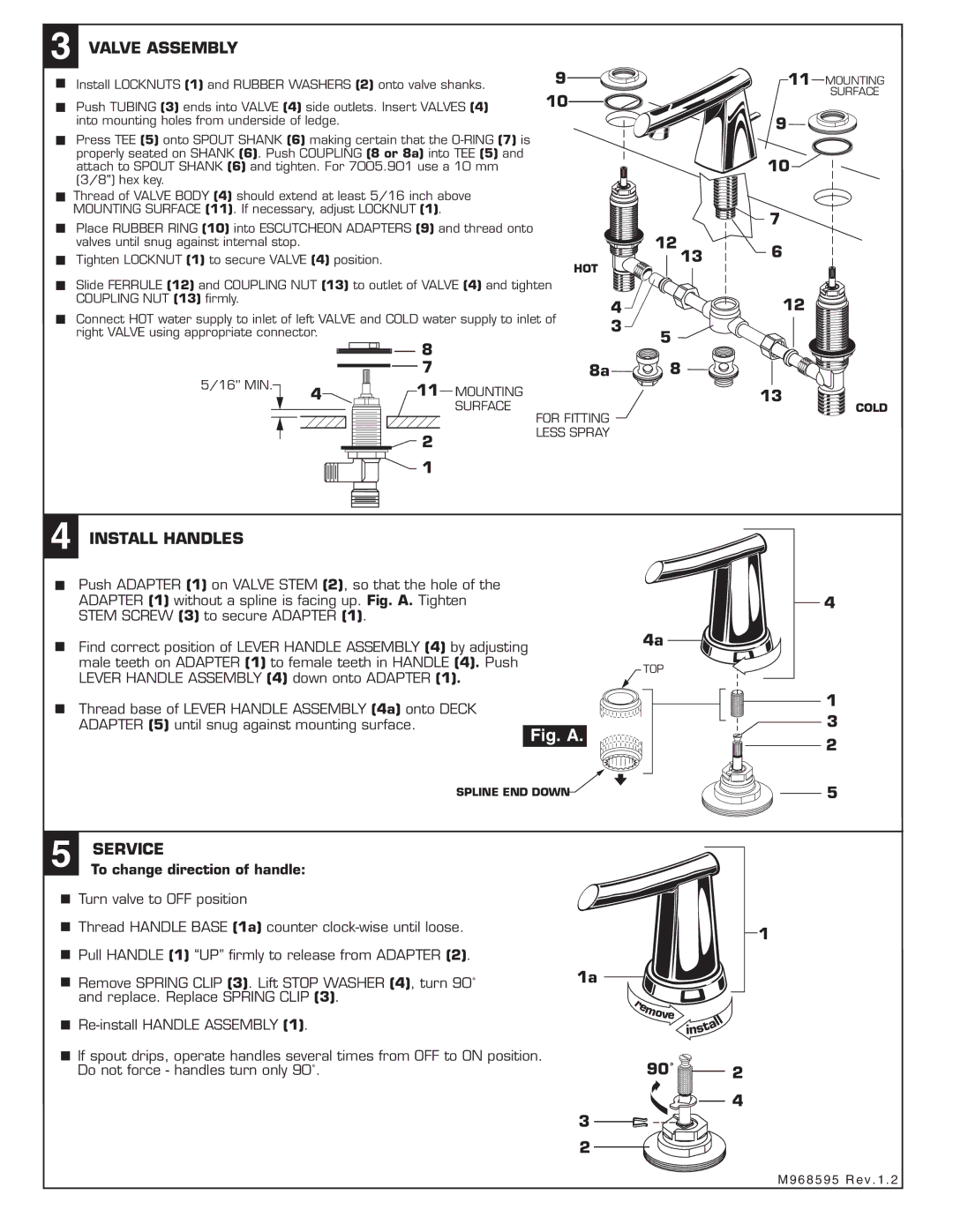 American Standard 7010.900, 7010.901 Valve Assembly, Install Handles, Service, To change direction of handle 