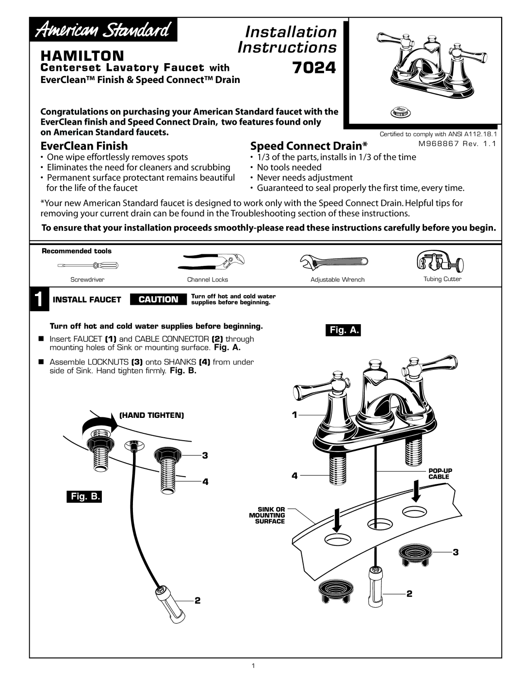 American Standard 7024 installation instructions EverClean Finish & Speed Connect Drain, Install Faucet 