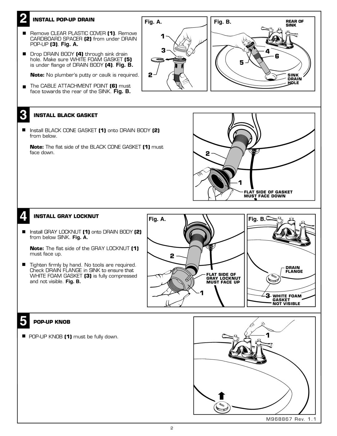 American Standard 7024 Install POP-UP Drain, Install Black Gasket, Install Gray Locknut, POP-UP Knob 