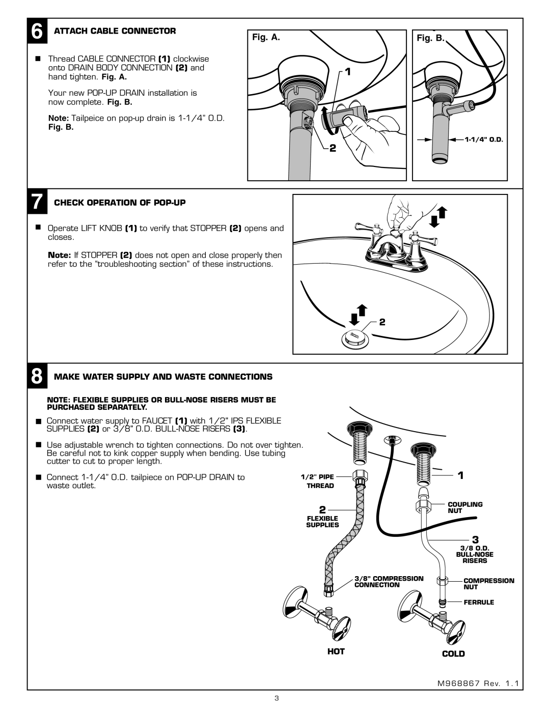 American Standard 7024 Attach Cable Connector, Check Operation of POP-UP, Make Water Supply and Waste Connections, Hotcold 