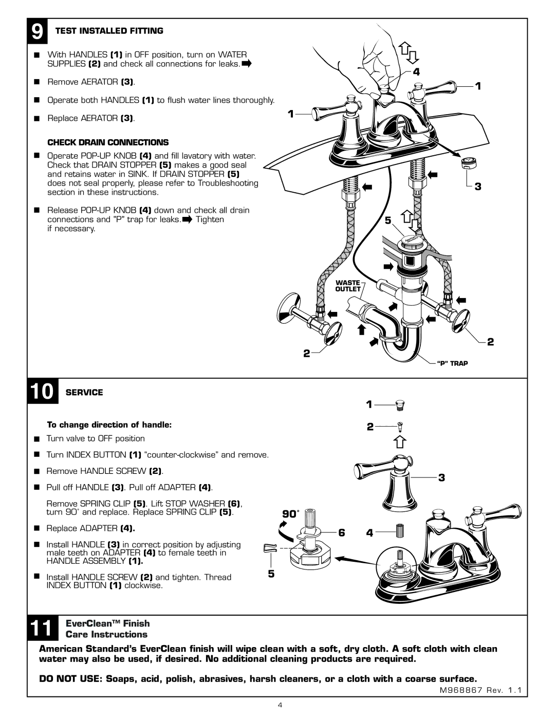 American Standard 7024 Test Installed Fitting, Check Drain Connections, Service, To change direction of handle 