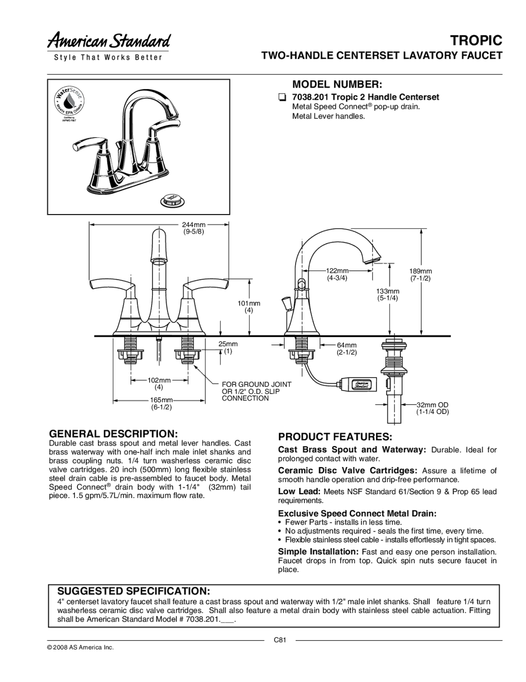 American Standard 7028.201 manual TWO-HANDLE Centerset Lavatory Faucet Model Number, General Description, Product Features 