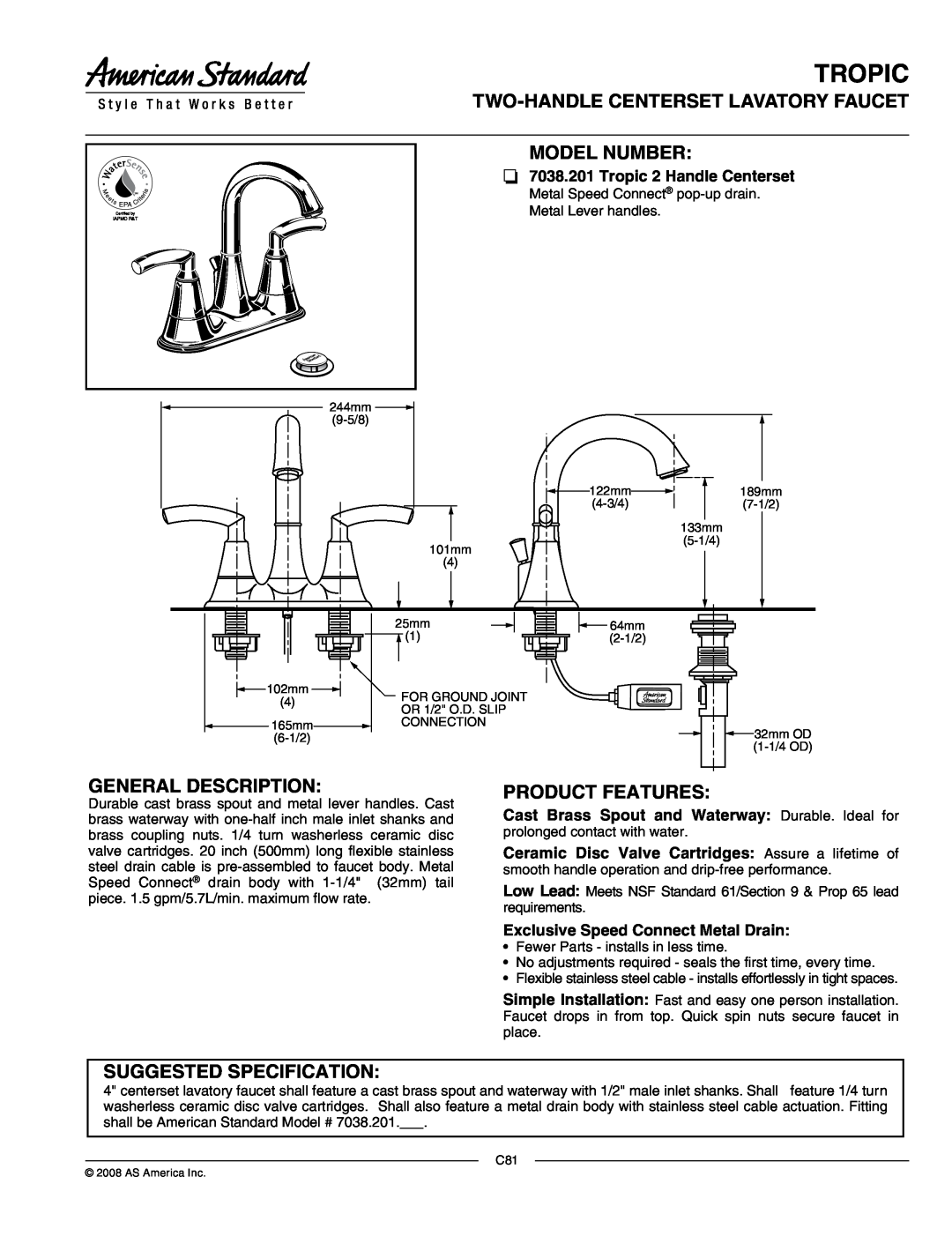American Standard 7028.201 manual Tropic, Two-Handlecenterset Lavatory Faucet Model Number, General Description 