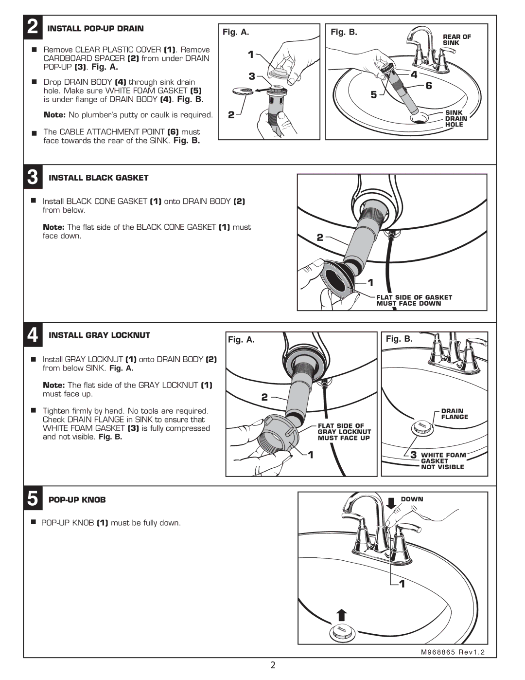 American Standard 7034 Install POP-UP Drain, Install Black Gasket, Install Gray Locknut, POP-UP Knob 