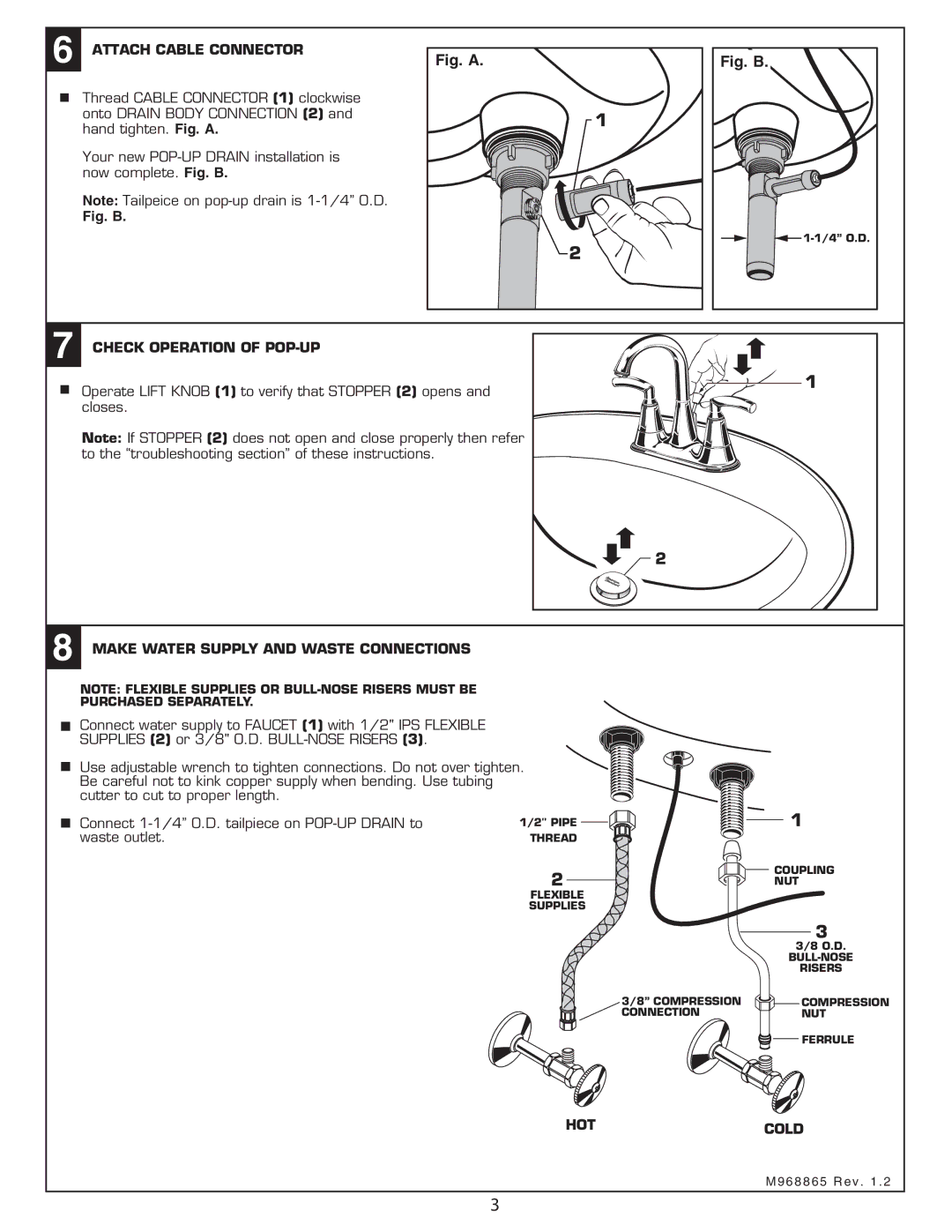 American Standard 7034 Attach Cable Connector, Check Operation of POP-UP, Make Water Supply and Waste Connections, Hotcold 