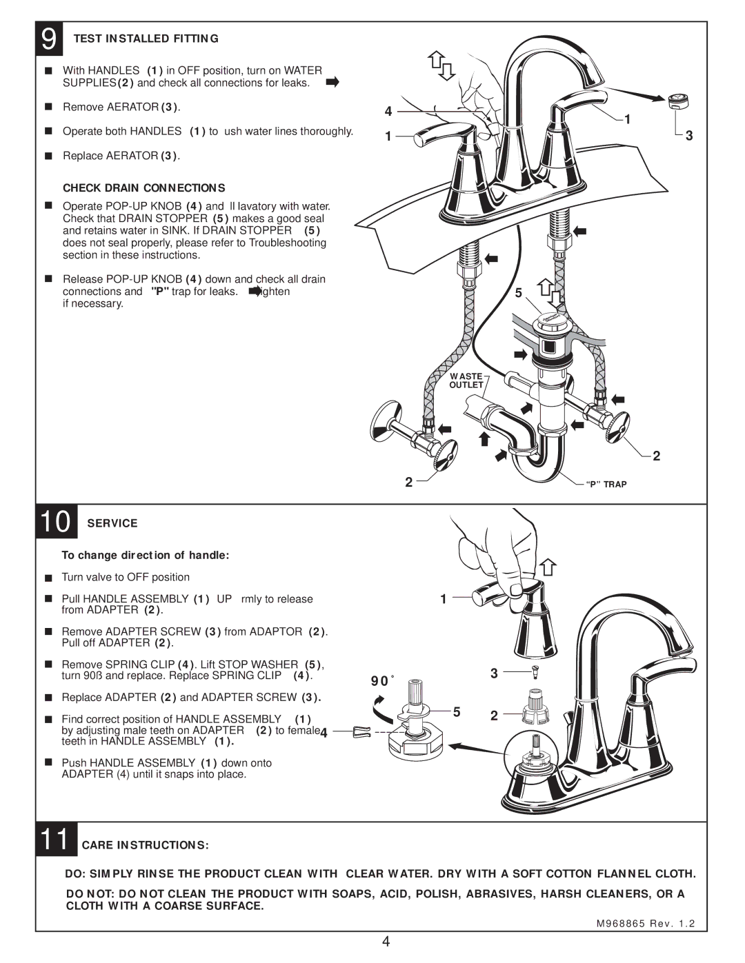 American Standard 7034 90˚, Test Installed Fitting, Check Drain Connections, Service, To change direction of handle 