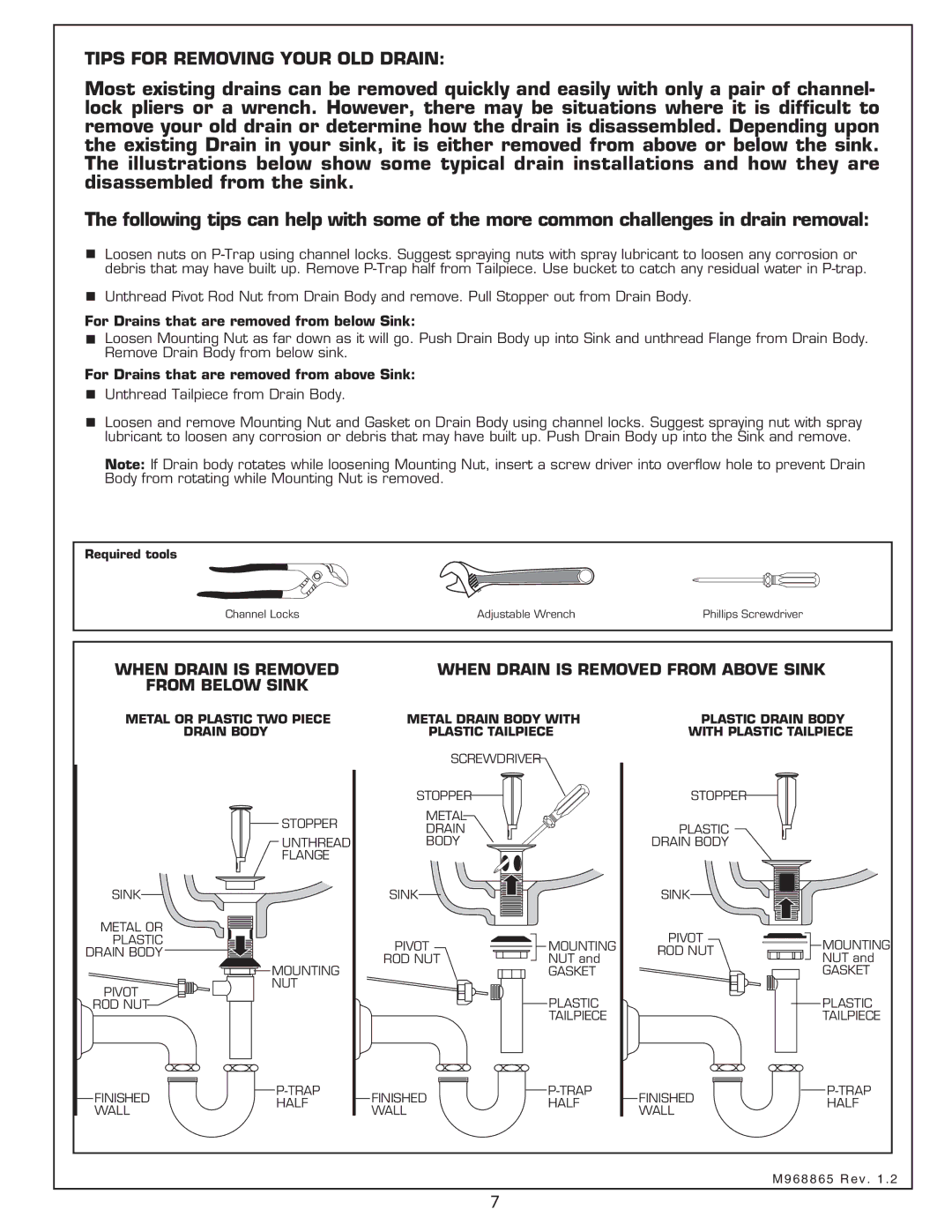 American Standard 7034 For Drains that are removed from below Sink, For Drains that are removed from above Sink 