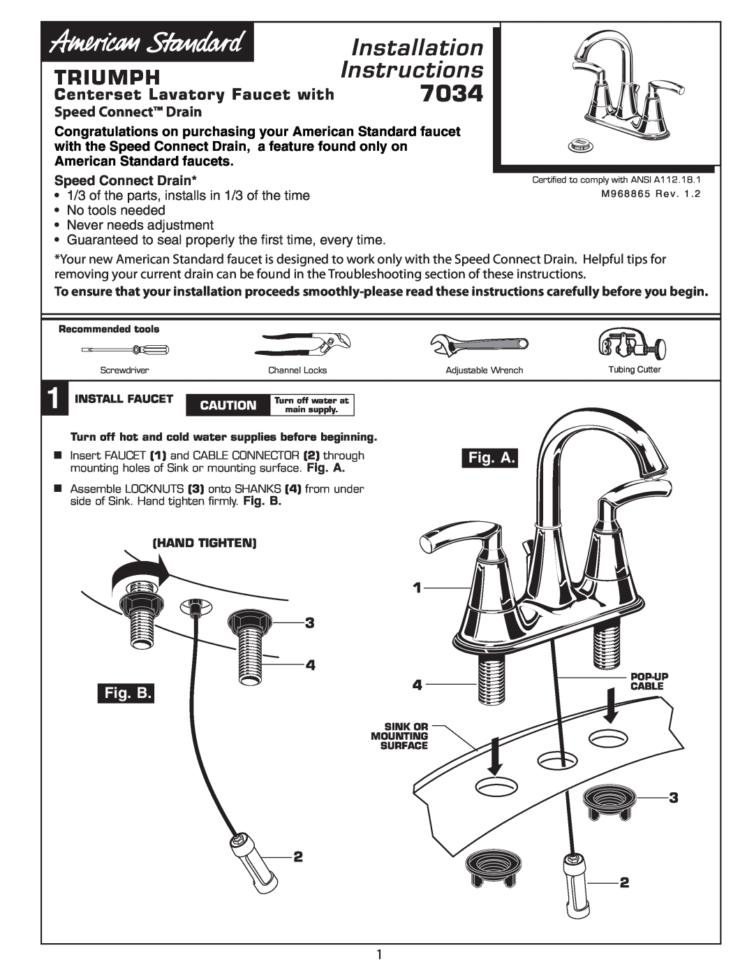 American Standard 7034 installation instructions Fig. B, Installation, Instructions, Triumph, Speed Connect Drain 