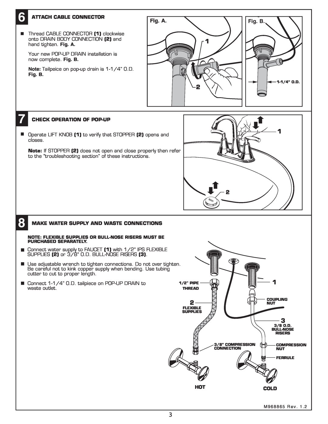 American Standard 7034 installation instructions Fig. A, Fig. B, Attach Cable Connector, Check Operation Of Pop-Up, Hotcold 