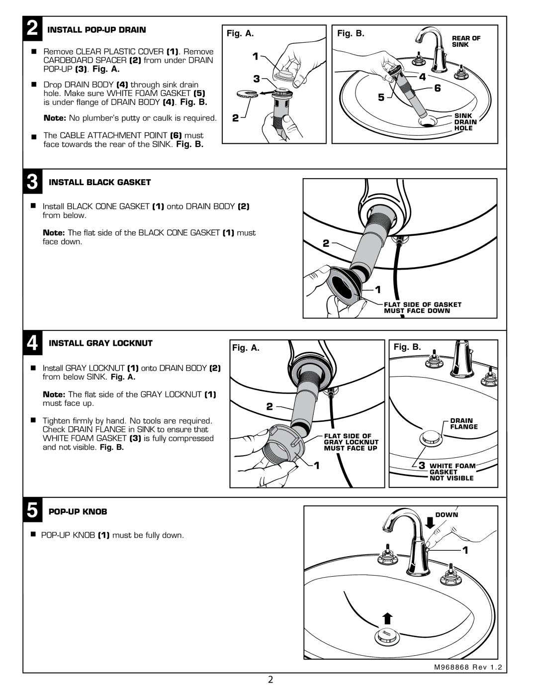 American Standard 7038 Install POP-UP Drain, Install Black Gasket, Install Gray Locknut, POP-UP Knob 