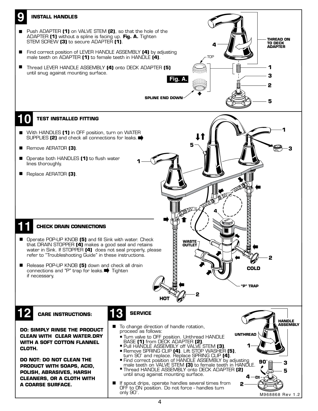 American Standard 7038 Install Handles, Test Installed Fitting, Check Drain Connections, Cold HOT, Care Instructions 