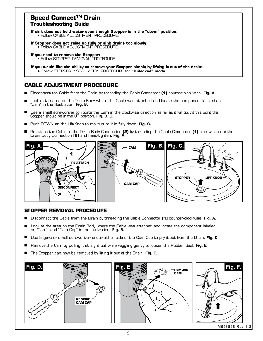 American Standard 7038 installation instructions Troubleshooting Guide, Cable Adjustment Procedure 