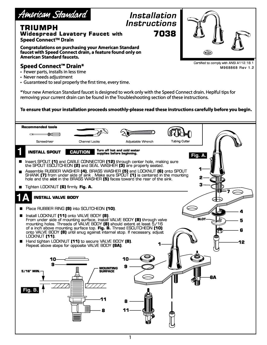 American Standard 7038 installation instructions Speed Connect Drain, Installation, Instructions, Triumph, Fig. A, Fig. B 