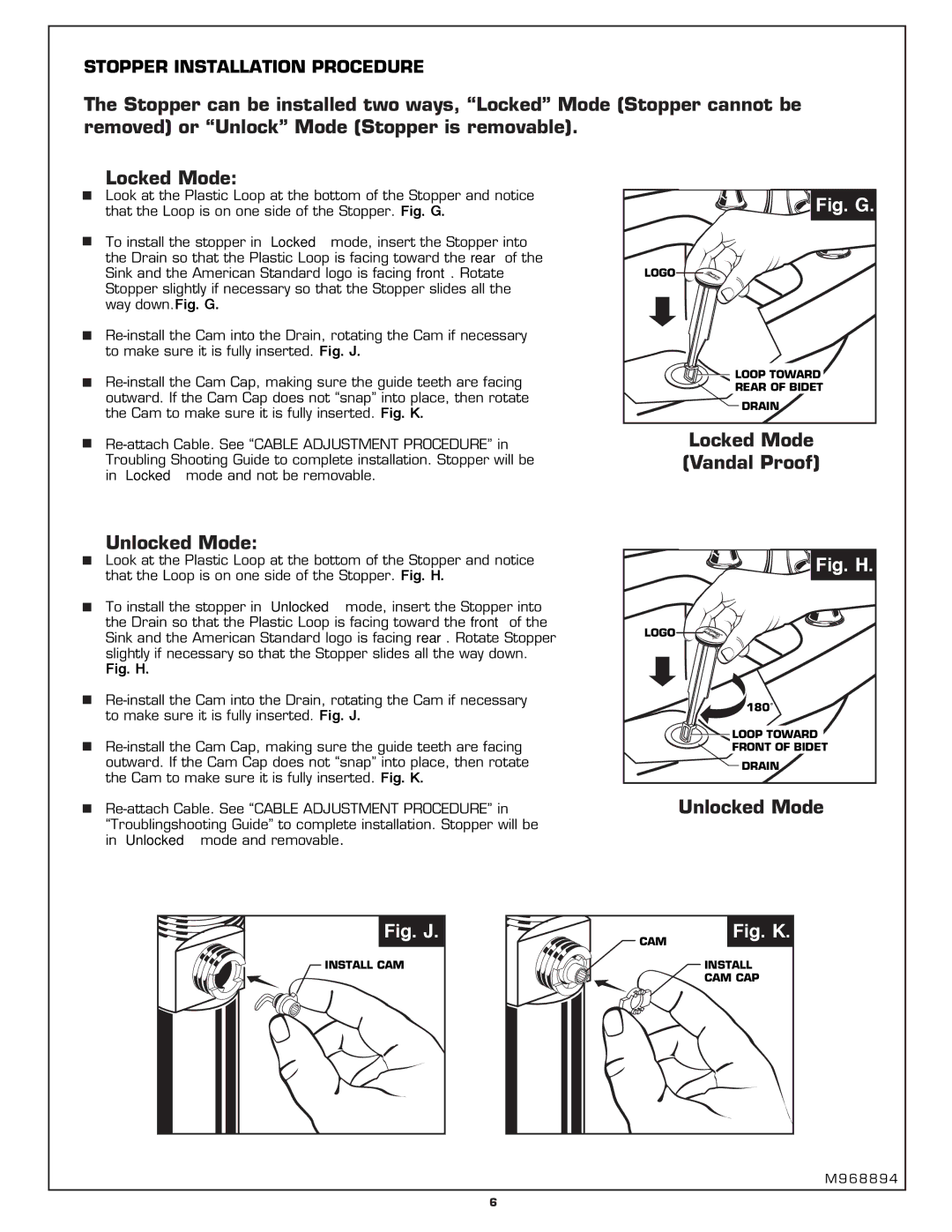 American Standard 7038.400 installation instructions Fig. G 