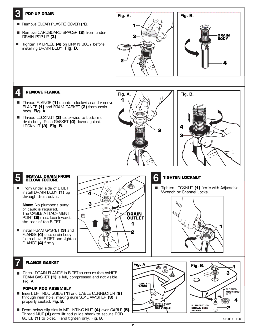 American Standard 7038.400 POP-UP Drain, Remove Flange, Install Drain from, Below Fixture, Tighten Locknut, Flange Gasket 