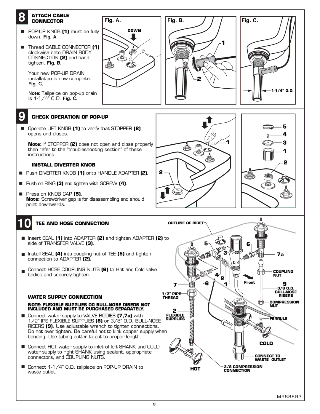 American Standard 7038.400 Attach Cable Connector, Check Operation of POP-UP, Install Diverter Knob, Cold 