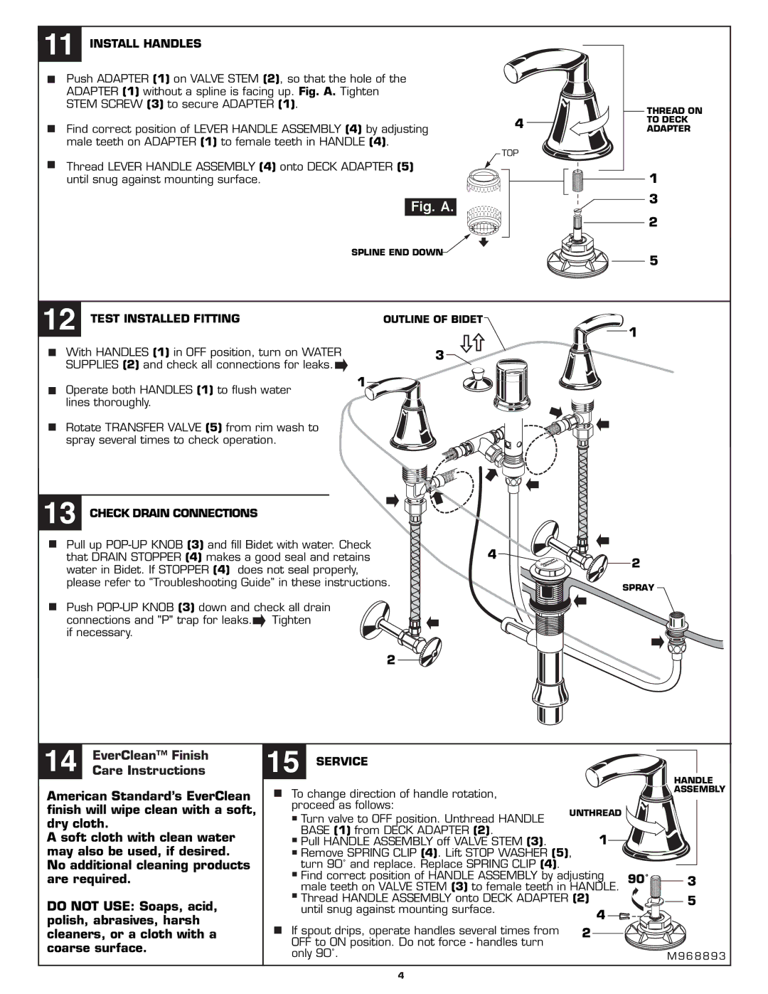 American Standard 7038.400 Install Handles, Test Installed Fitting, Check Drain Connections, Service 