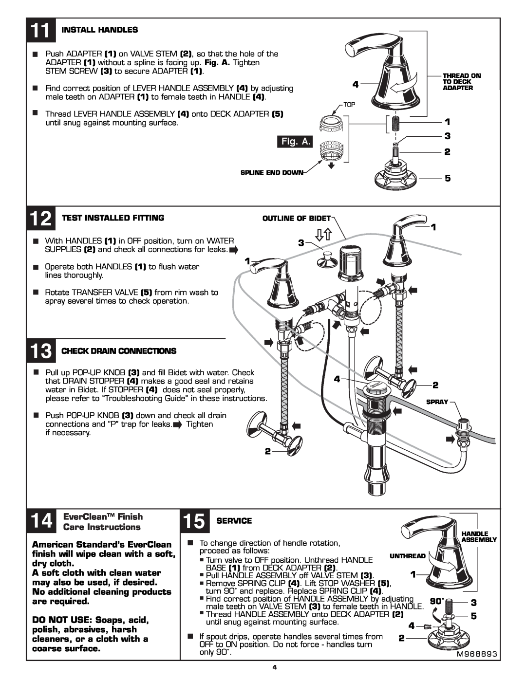 American Standard 7038.400 installation instructions Fig. A, 14EverClean Finish Care Instructions 