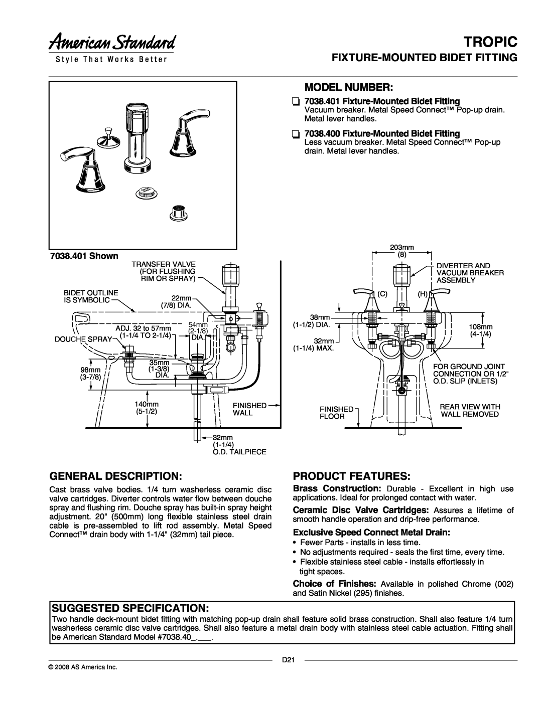 American Standard 7038.401 manual Tropic, Fixture-Mountedbidet Fitting Model Number, General Description, Product Features 