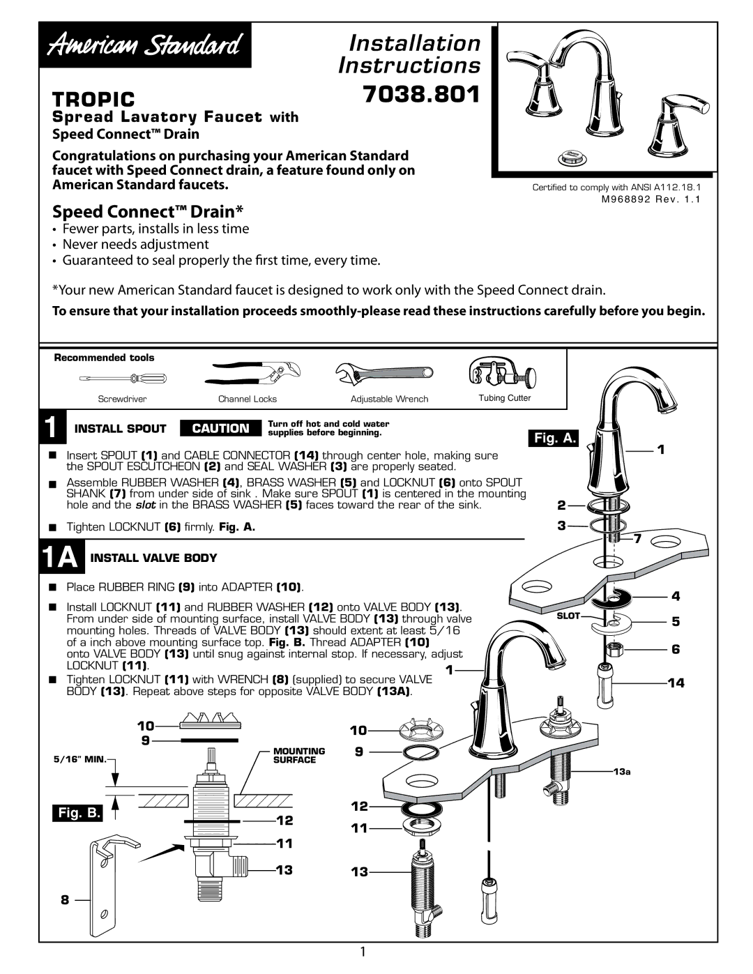 American Standard 7038.801 installation instructions Spread Lavatory Faucet with Speed Connect Drain, Install Spout 