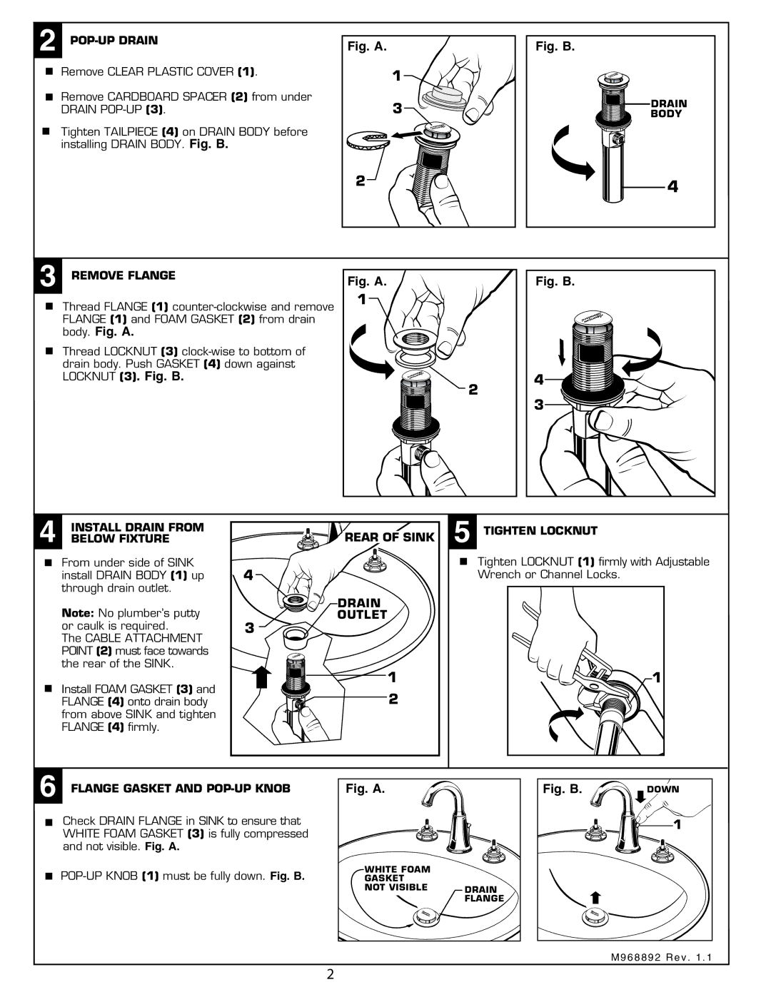 American Standard 7038.801 Body. Fig. a, POP-UP Drain, Remove Flange, Drain Outlet, Flange Gasket and POP-UP Knob 