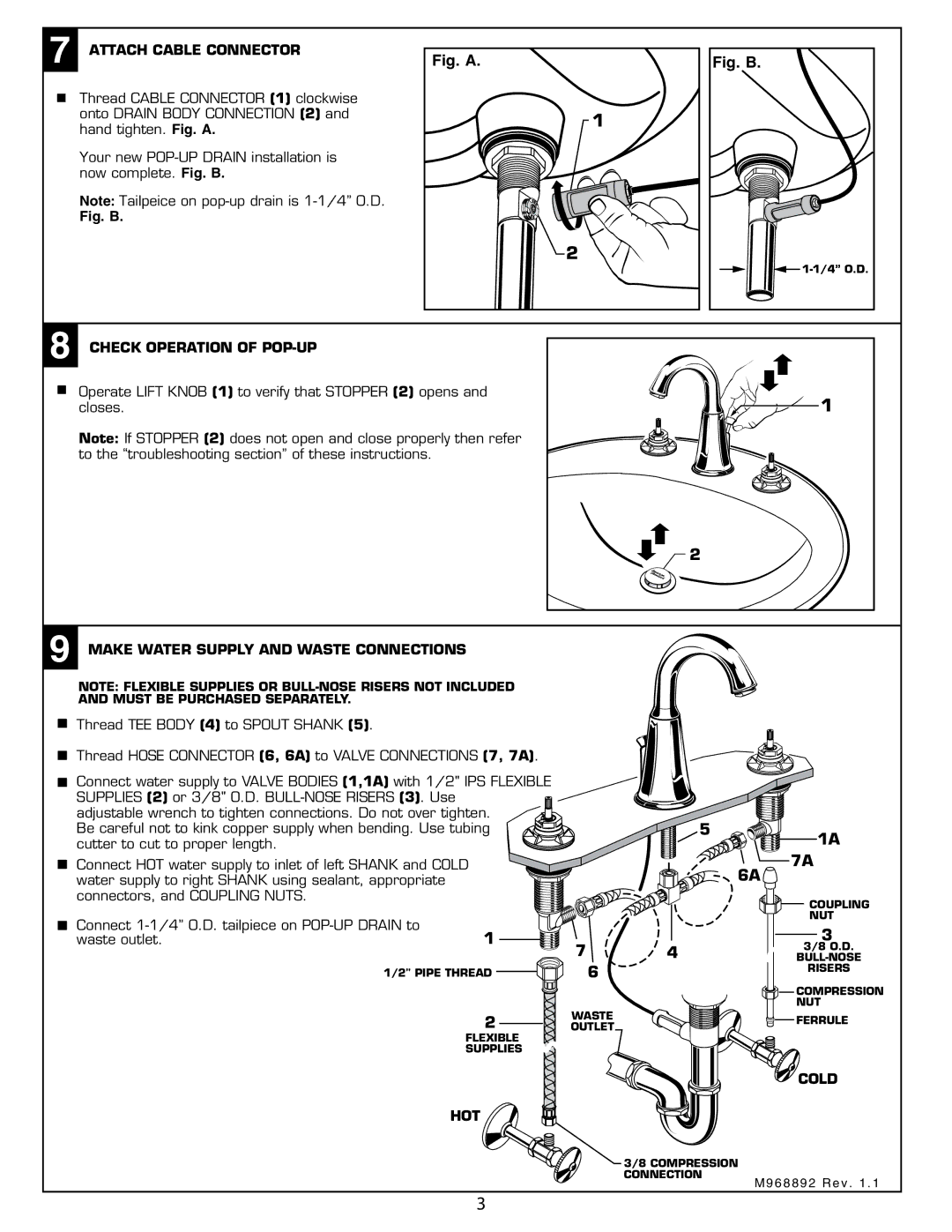 American Standard 7038.801 installation instructions 7A 6A, Attach Cable Connector, Check Operation of POP-UP, Cold HOT 