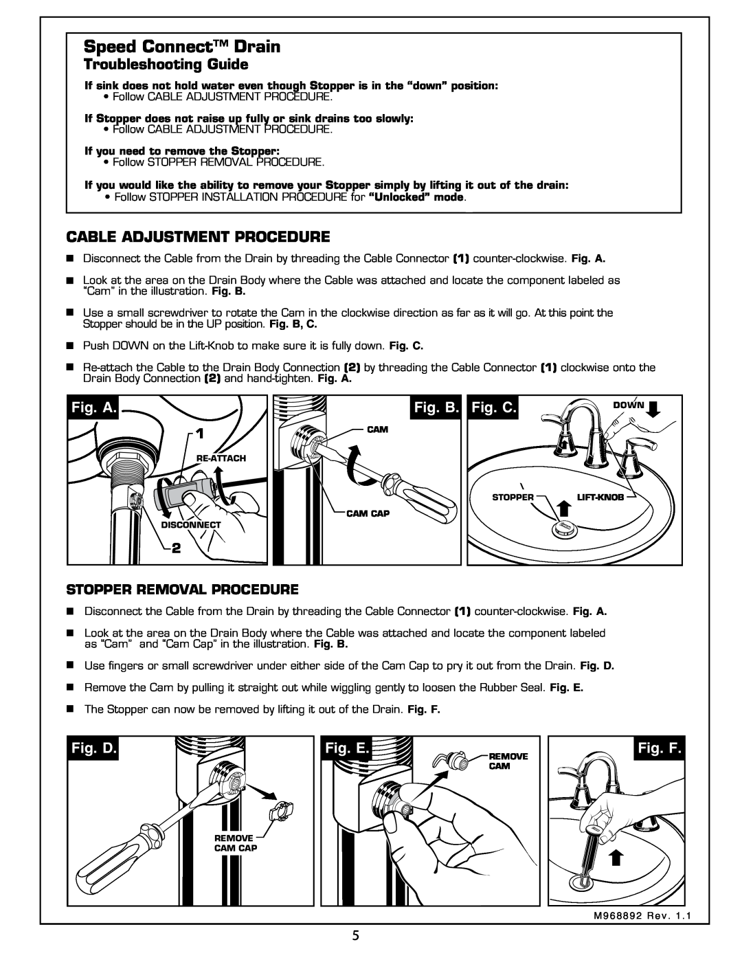 American Standard 7038.801 Troubleshooting Guide, Cable Adjustment Procedure, Fig. A, Fig. B, Fig. C, Fig. D, Fig. E 