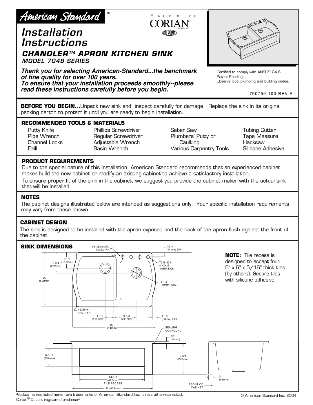 American Standard 7048 Series installation instructions Recommended Tools & Materials, Product Requirements 