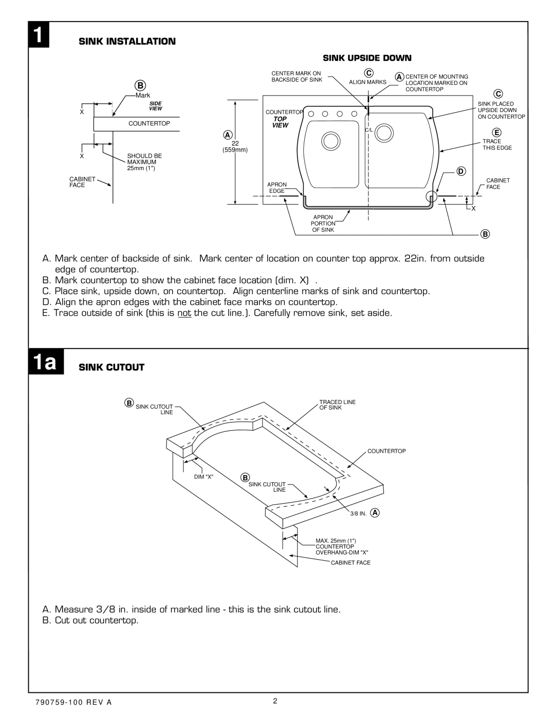 American Standard 7048 Series installation instructions Sink Installation, 1a Sink Cutout 