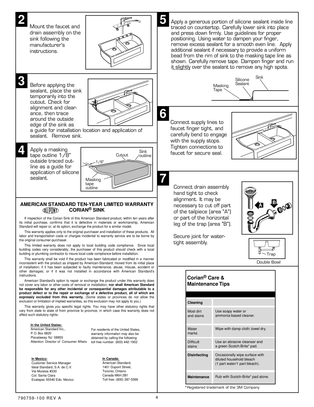 American Standard 7048 Series installation instructions American Standard TEN-YEAR Limited Warranty Corian Sink 